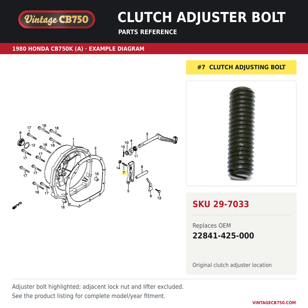Honda CB1000 / CB900 / CB750 / CB650 Clutch Adjuster Bolt ~ Replaces 22841-425-000, SKU 29-7033: product photo and reviewed parts fiche. Example diagram; check listing for fitment.