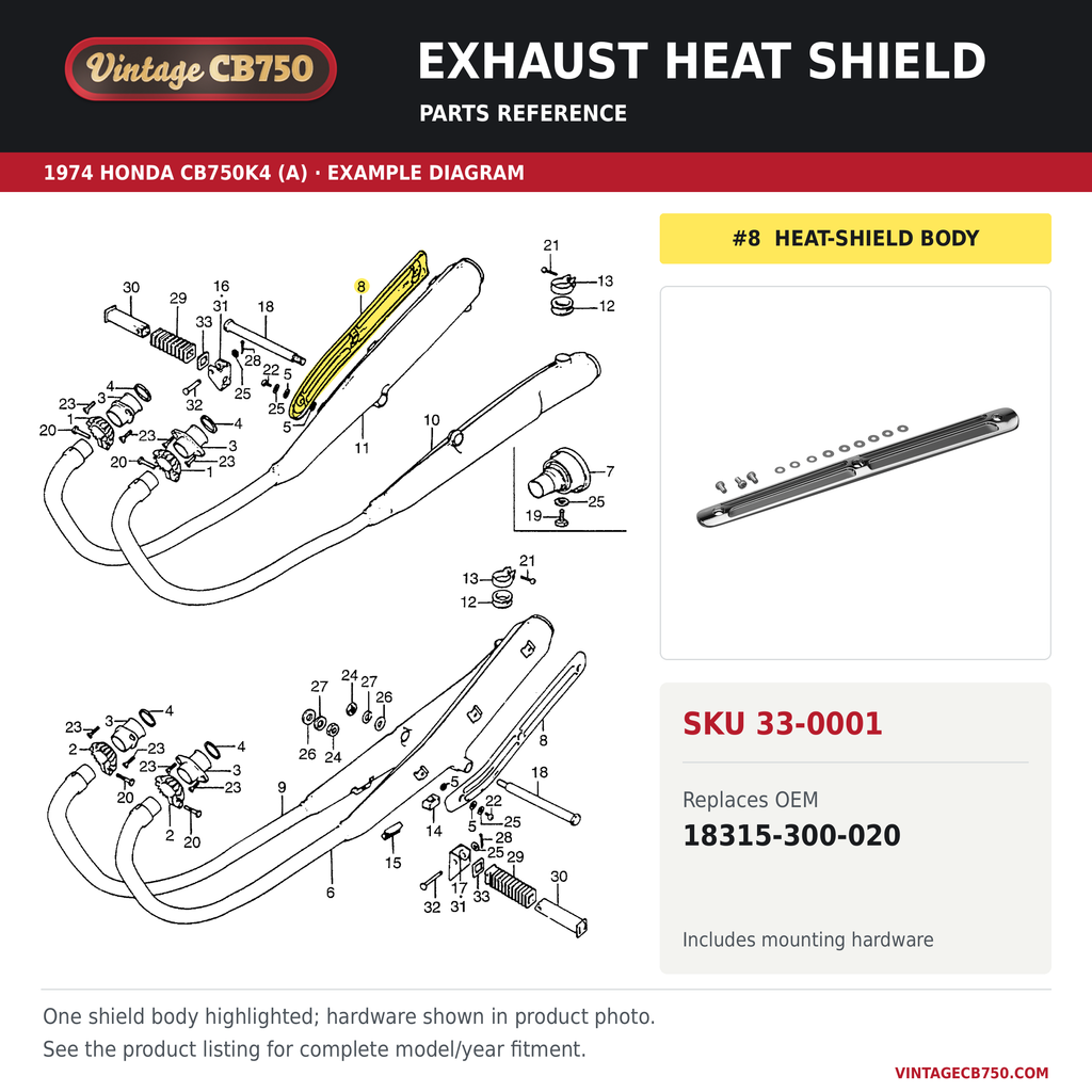 Exhaust heat shield, SKU 33-0001: product photo and 1974 Honda CB750K4 (A) Muffler / Exhaust fiche with the part location highlighted. Example diagram; check listing for fitment.
