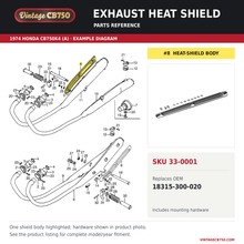 Load image into Gallery viewer, Exhaust heat shield, SKU 33-0001: product photo and 1974 Honda CB750K4 (A) Muffler / Exhaust fiche with the part location highlighted. Example diagram; check listing for fitment.