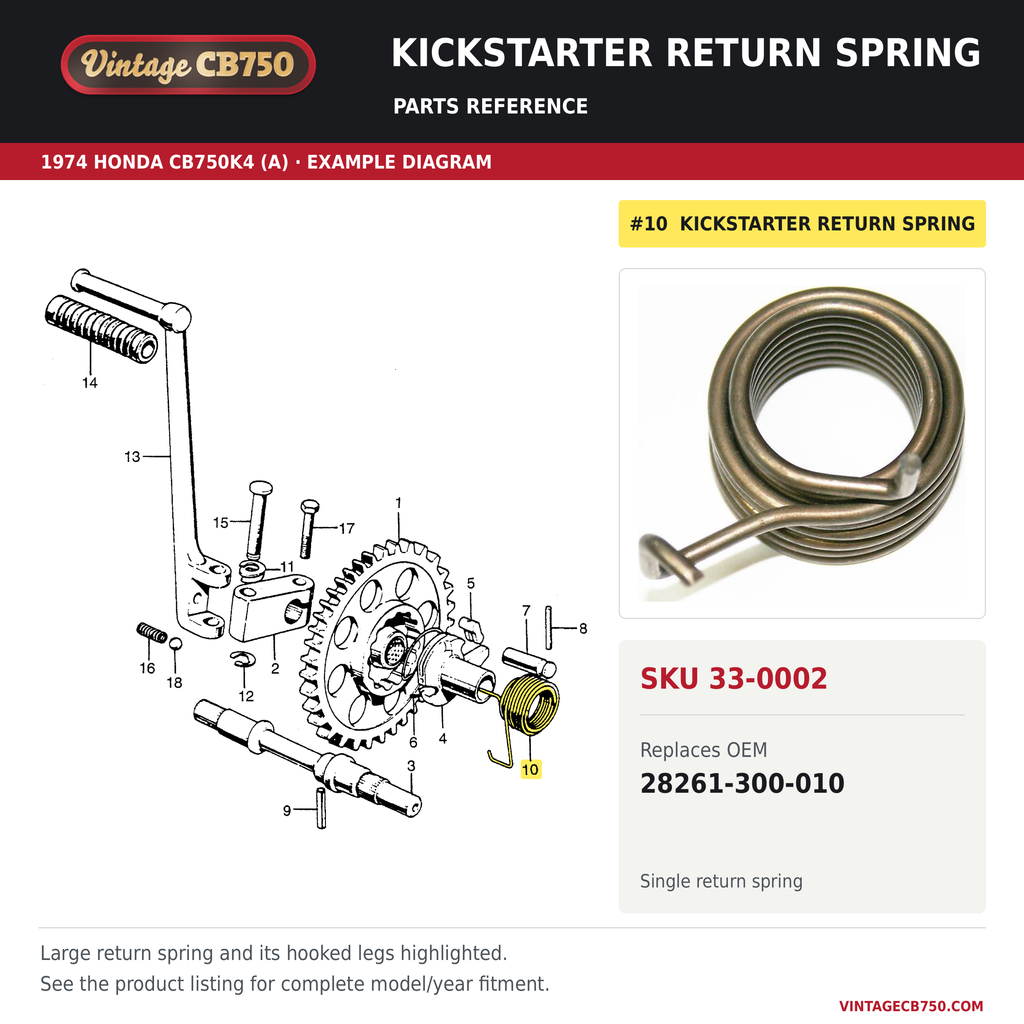 Kickstarter return spring, SKU 33-0002: product photo and reviewed parts fiche. Example diagram; check listing for fitment.