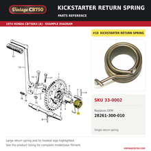 Load image into Gallery viewer, Kickstarter return spring, SKU 33-0002: product photo and reviewed parts fiche. Example diagram; check listing for fitment.