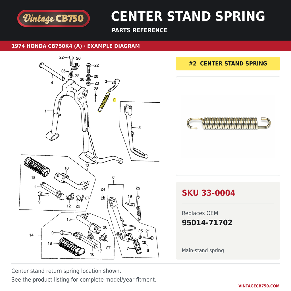 Center stand spring, SKU 33-0004: product photo and reviewed parts fiche. Example diagram; check listing for fitment.
