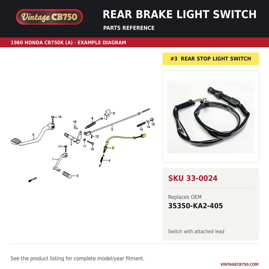Honda CB Rear Brake Light Switch ~ Replaces 35350-KA2-405, SKU 33-0024: product photo and reviewed parts fiche. Example diagram; check listing for fitment.