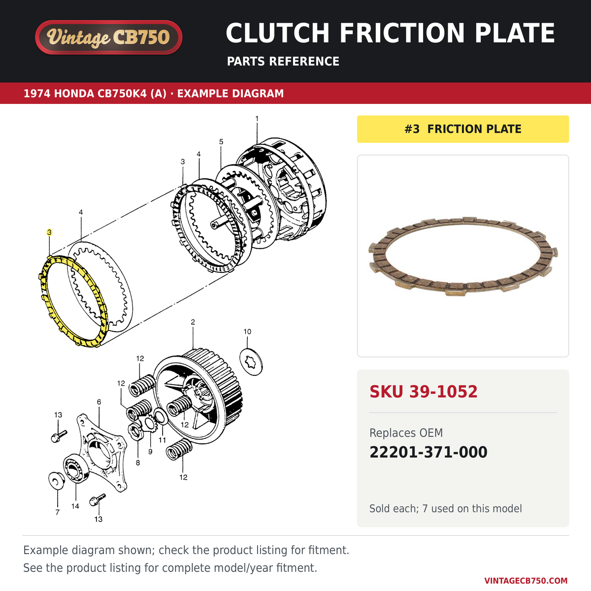 Clutch friction plate, SKU 39-1052: product photo and 1974 Honda CB750K4 (A) Clutch fiche with the part location highlighted. Example diagram; check listing for fitment.