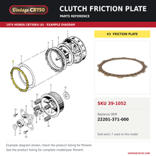 Charger l'image dans la galerie, Clutch friction plate, SKU 39-1052: product photo and 1974 Honda CB750K4 (A) Clutch fiche with the part location highlighted. Example diagram; check listing for fitment.