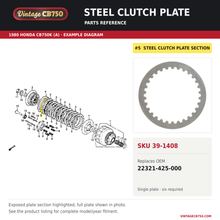 Load image into Gallery viewer, Steel clutch plate, SKU 39-1408: product photo and 1980 Honda CB750K (A) Clutch fiche with the part location highlighted. Example diagram; check listing for fitment.