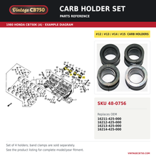 Load image into Gallery viewer, Carb holder set, SKU 48-0756: product photo and 1980 Honda CB750K (A) Cylinder Head fiche with the part location highlighted. Example diagram; check listing for fitment.