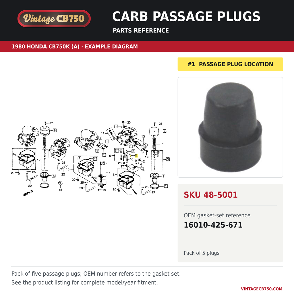 Honda CB1000 / CB900 / CB750 Carb Rubber Passage Plugs Pk/5 ~ Replaces 16010-425-671, SKU 48-5001: product photo and reviewed parts fiche. Example diagram; check listing for fitment.