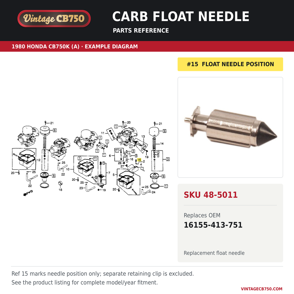 Carb float needle, SKU 48-5011: product photo and 1980 Honda CB750K (A) Carb. Component Parts fiche with the part location highlighted. Example diagram; check listing for fitment.