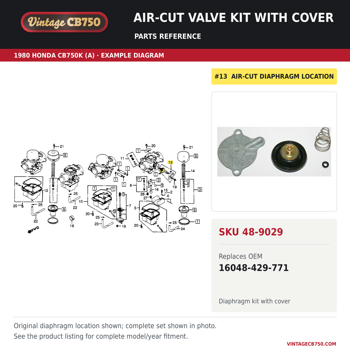 Air-cut valve kit with cover, SKU 48-9029: product photo and reviewed parts fiche. Example diagram; check listing for fitment.