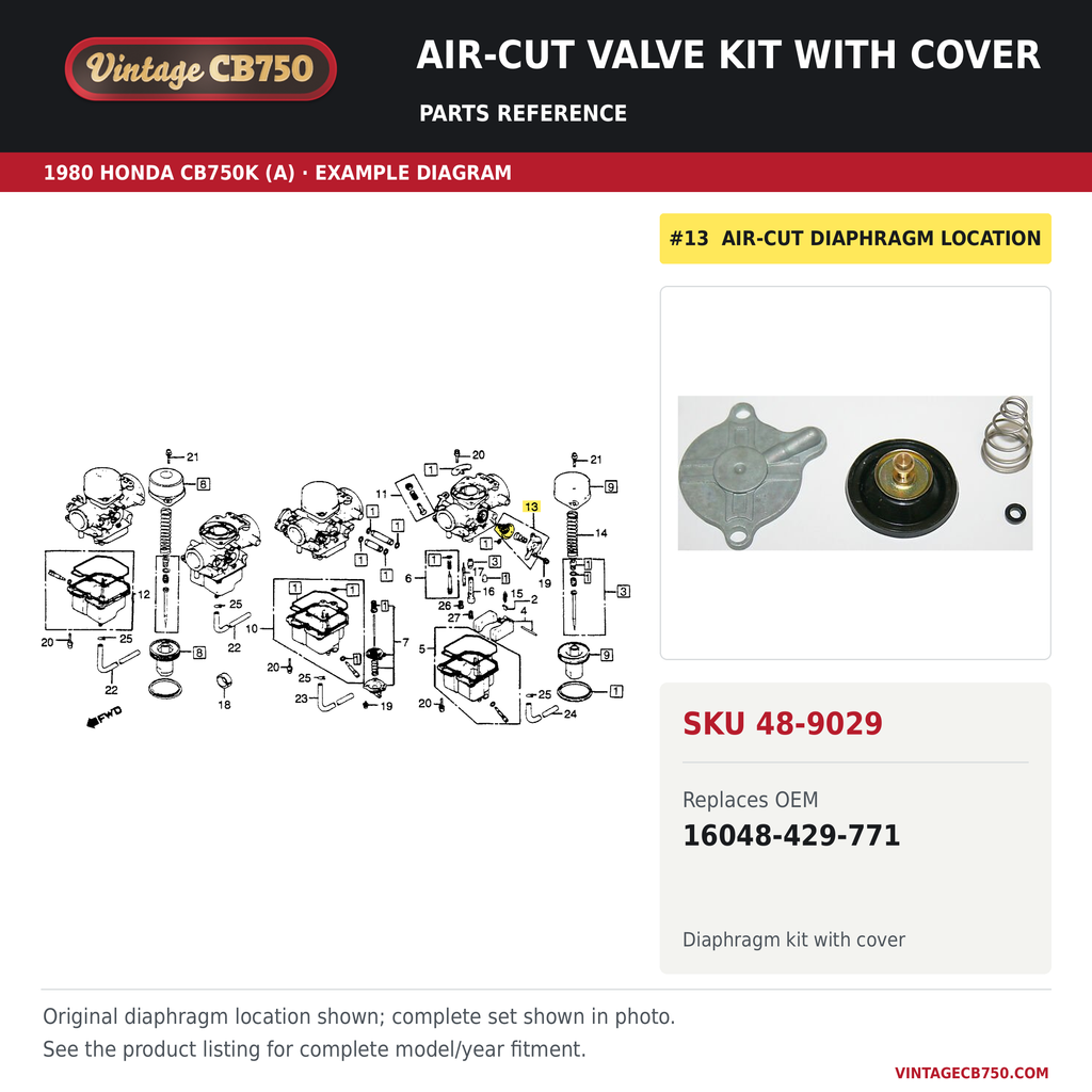 Air-cut valve kit with cover, SKU 48-9029: product photo and reviewed parts fiche. Example diagram; check listing for fitment.