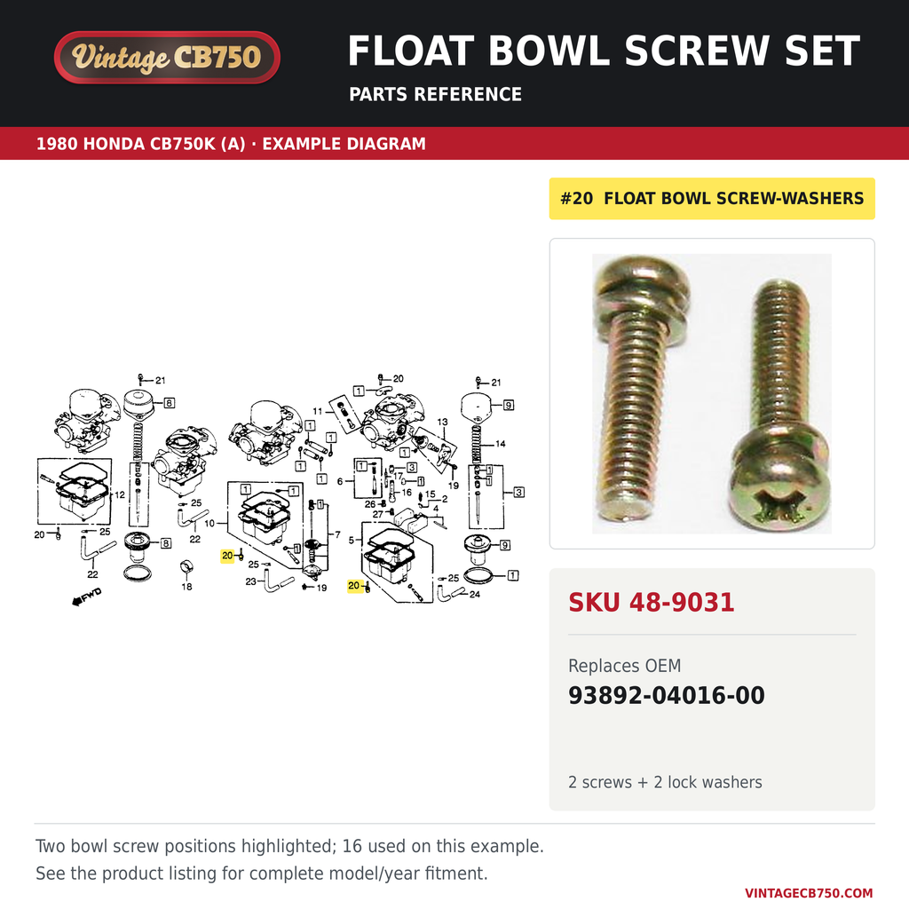 Float bowl screw set, SKU 48-9031: product photo and 1980 Honda CB750K (A) Carb. Component Parts fiche with the part location highlighted. Example diagram; check listing for fitment.