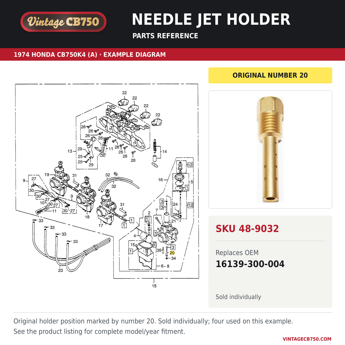 Needle jet holder, SKU 48-9032: product photo and 1974 Honda CB750K4 (A) Carburetor fiche with the part location highlighted. Example diagram; check listing for fitment.