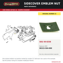 Charger l'image dans la galerie, Sidecover emblem nut, SKU 49-0258: product photo and 1980 Honda CB750K (A) Side Cover / Spark Unit fiche with the part location highlighted. Example diagram; check listing for fitment.