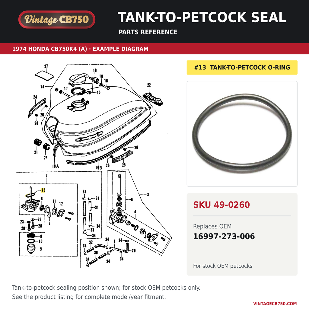 Tank-to-petcock seal, SKU 49-0260: product photo and 1974 Honda CB750K4 (A) Fuel tank / fuel petcock fiche with the part location highlighted. Example diagram; check listing for fitment.