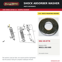 Charger l'image dans la galerie, Shock absorber washer, SKU 49-0778: product photo and 1980 Honda CB750K (A) Rear Shock Absorber fiche with the part location highlighted. Example diagram; check listing for fitment.