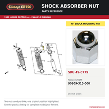 Charger l'image dans la galerie, Shock absorber nut, SKU 49-0779: product photo and 1980 Honda CB750K (A) Rear Shock Absorber fiche with the part location highlighted. Example diagram; check listing for fitment.