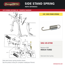Charger l'image dans la galerie, Side stand spring, SKU 49-0788: product photo and 1974 Honda CB750K4 (A) Stand / Step fiche with the part location highlighted. Example diagram; check listing for fitment.