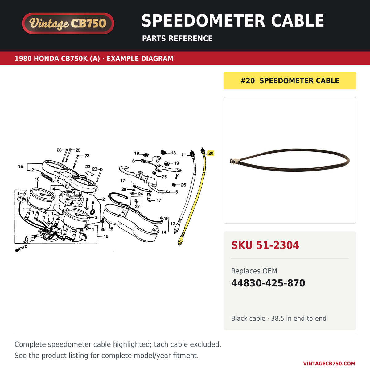 Speedometer cable, SKU 51-2304: product photo and 1980 Honda CB750K (A) Speedometer / Tachometer fiche with the part location highlighted. Example diagram; check listing for fitment.
