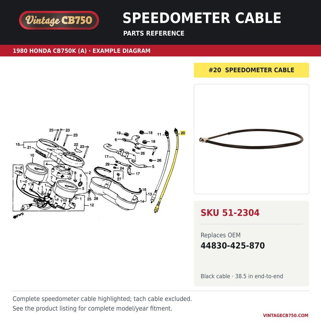 Speedometer cable, SKU 51-2304: product photo and 1980 Honda CB750K (A) Speedometer / Tachometer fiche with the part location highlighted. Example diagram; check listing for fitment.