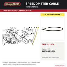Charger l'image dans la galerie, Speedometer cable, SKU 51-2304: product photo and 1980 Honda CB750K (A) Speedometer / Tachometer fiche with the part location highlighted. Example diagram; check listing for fitment.