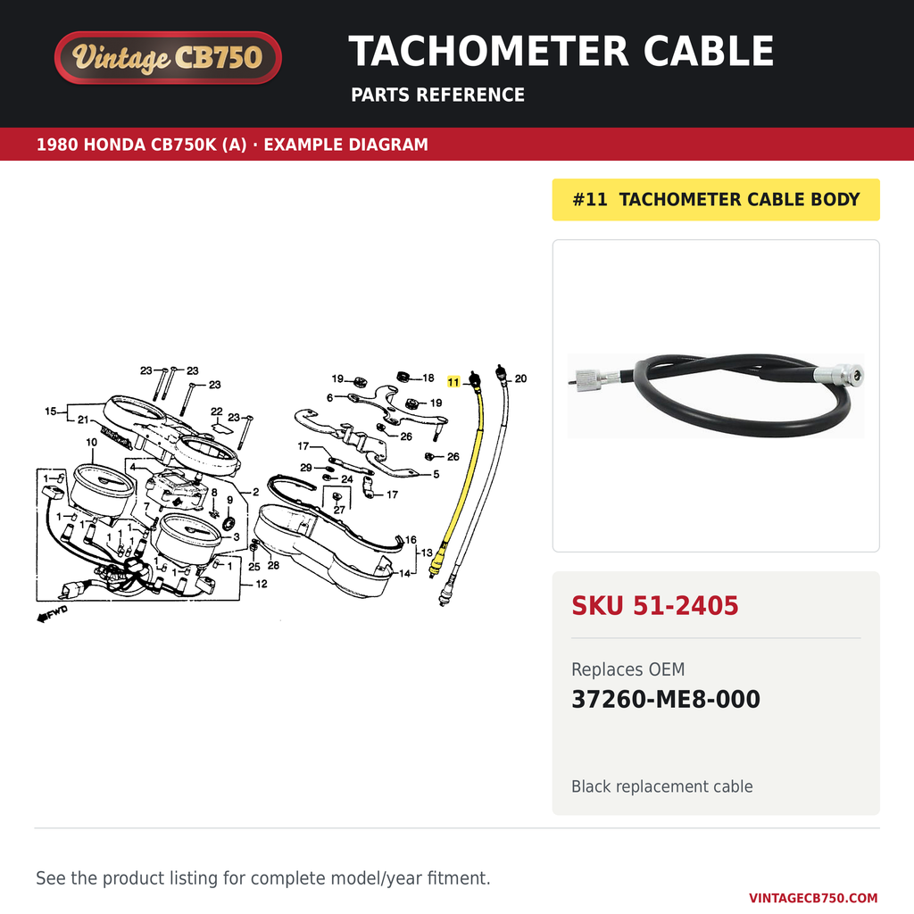 1979-83 Honda CB1100 / CB750 Tachometer Cable ~ Replaces 37260-425-000, SKU 51-2405: product photo and reviewed parts fiche. Example diagram; check listing for fitment.