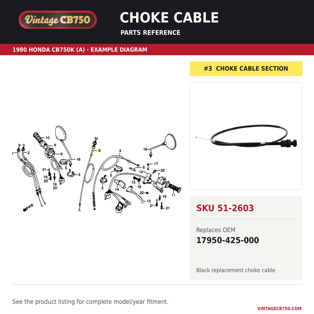 1979-82 Honda CB900 / CB750 Choke Cable ~ Replaces 17950-425-000, SKU 51-2603: product photo and reviewed parts fiche. Example diagram; check listing for fitment.