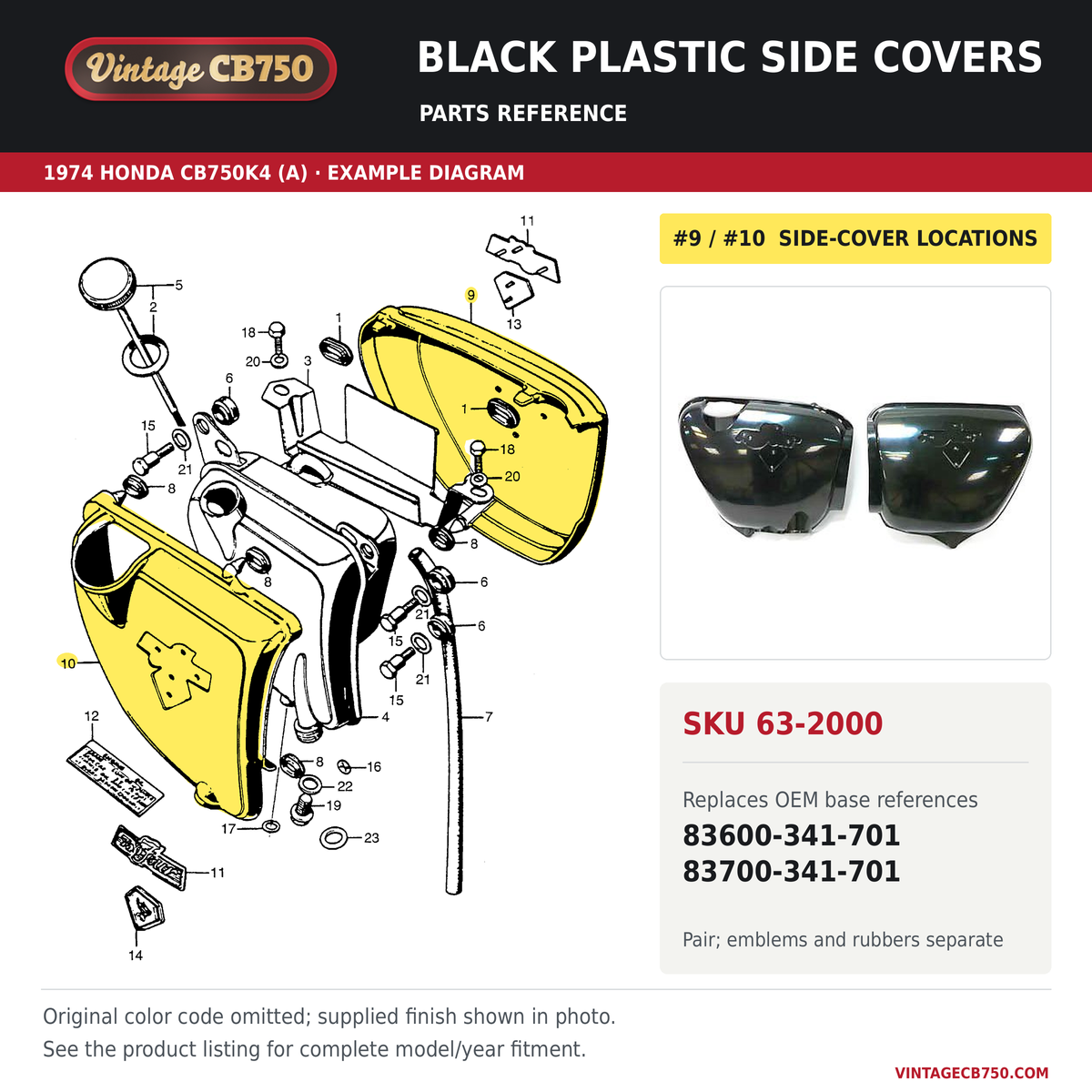 Black plastic side covers, SKU 63-2000: product photo and reviewed parts fiche. Example diagram; check listing for fitment.