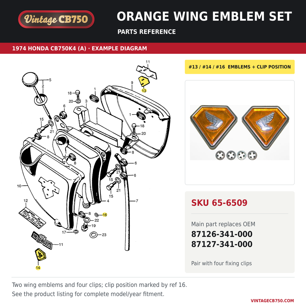 Orange wing emblem set, SKU 65-6509: product photo and reviewed parts fiche. Example diagram; check listing for fitment.