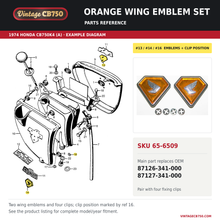 Load image into Gallery viewer, Orange wing emblem set, SKU 65-6509: product photo and reviewed parts fiche. Example diagram; check listing for fitment.