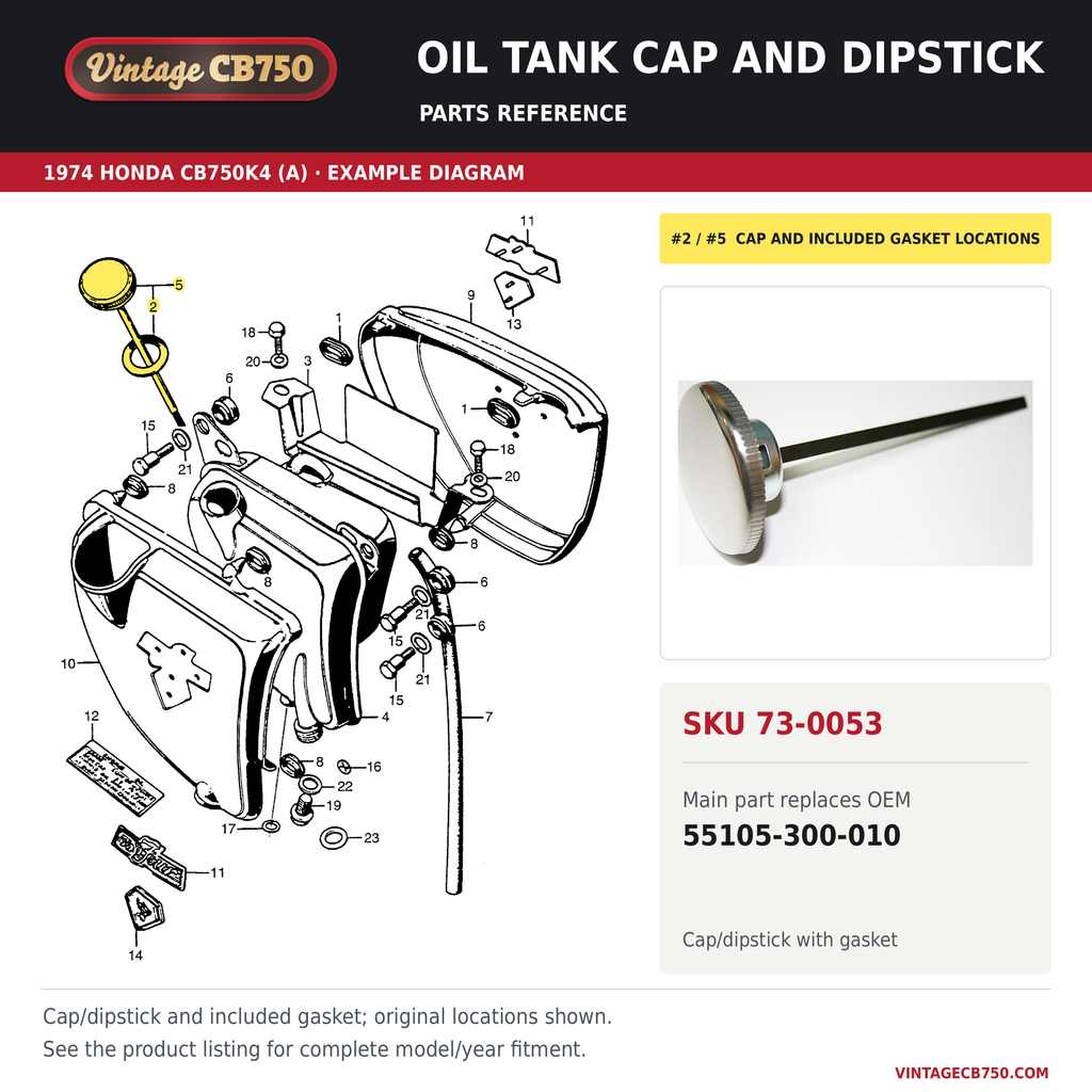 Oil tank cap and dipstick, SKU 73-0053: product photo and reviewed parts fiche. Example diagram; check listing for fitment.