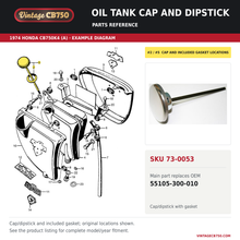 Load image into Gallery viewer, Oil tank cap and dipstick, SKU 73-0053: product photo and reviewed parts fiche. Example diagram; check listing for fitment.