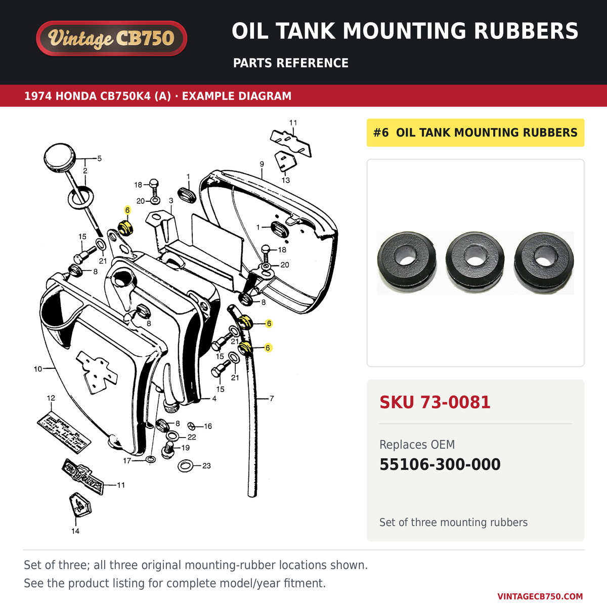 Oil tank mounting rubbers, SKU 73-0081: product photo and reviewed parts fiche. Example diagram; check listing for fitment.
