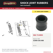 Charger l'image dans la galerie, Shock joint rubbers, SKU 73-0093: product photo and 1980 Honda CB750K (A) Rear Shock Absorber fiche with the part location highlighted. Example diagram; check listing for fitment.