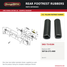 Load image into Gallery viewer, Rear footrest rubbers, SKU 73-0184: product photo and 1980 Honda CB750K (A) Step fiche with the part location highlighted. Example diagram; check listing for fitment.