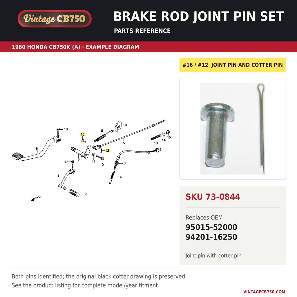 Brake rod joint pin set, SKU 73-0844: product photo and 1980 Honda CB750K (A) Brake Pedal / Change Pedal fiche with the part location highlighted. Example diagram; check listing for fitment.