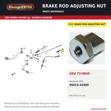 Load image into Gallery viewer, Brake rod adjusting nut, SKU 73-0845: product photo and 1980 Honda CB750K (A) Brake Pedal / Change Pedal fiche with the part location highlighted. Example diagram; check listing for fitment.