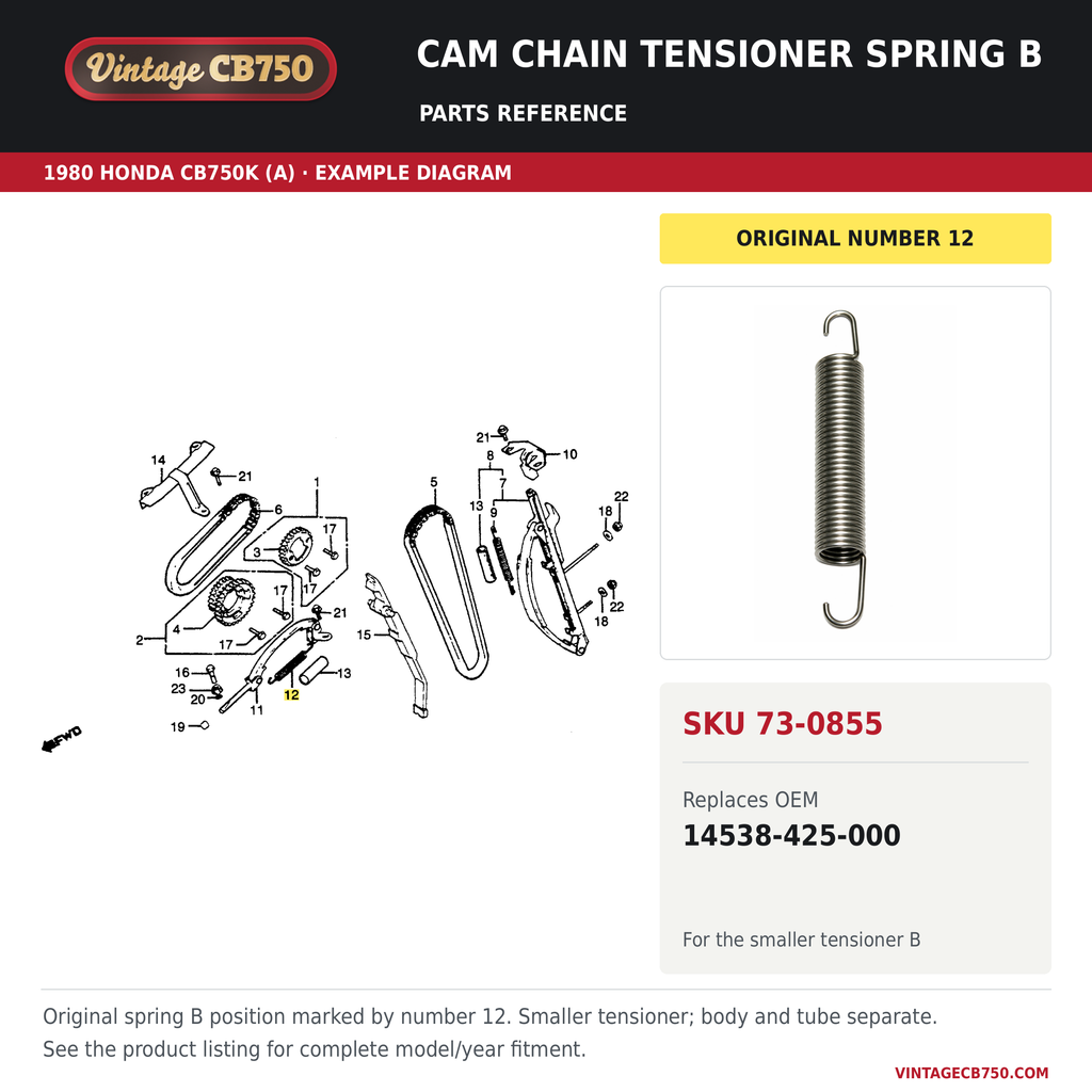 Cam chain tensioner spring B, SKU 73-0855: product photo and 1980 Honda CB750K (A) Cam Chain / Tensioner fiche with the part location highlighted. Example diagram; check listing for fitment.