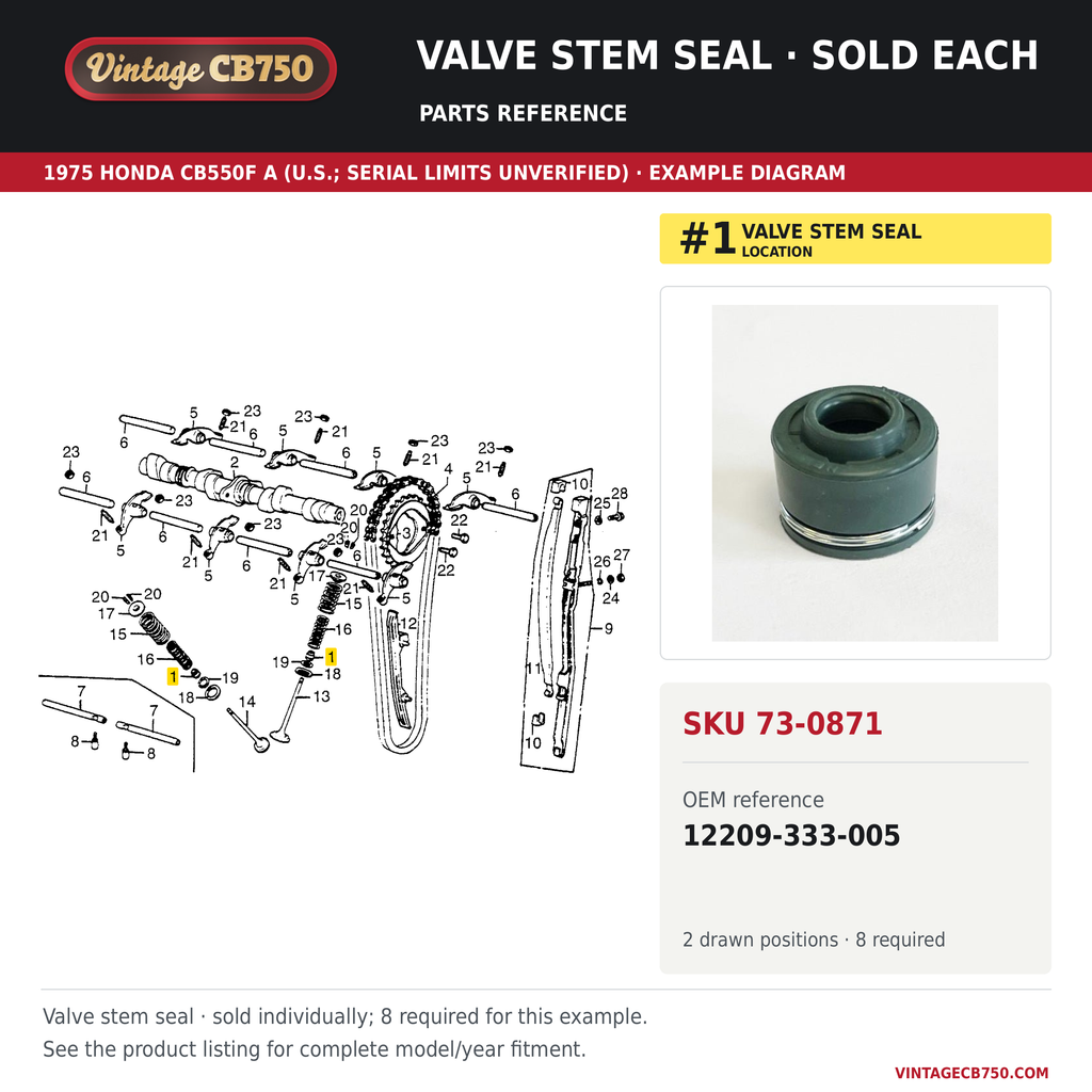 Honda CB Valve Stem Seals ~ Replaces 12209-333-005, SKU 73-0871: product photo and reviewed parts fiche. Example diagram; check listing for fitment.