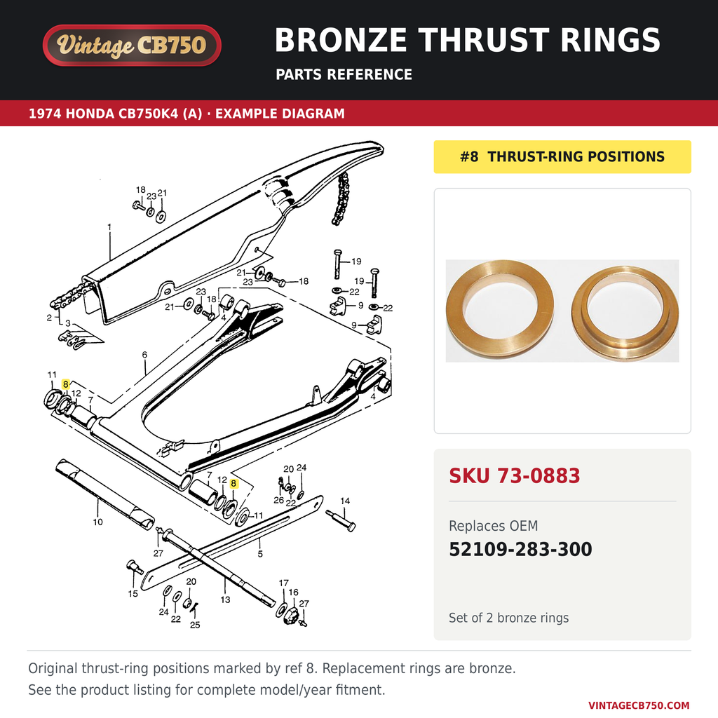 Bronze thrust rings, SKU 73-0883: product photo and reviewed parts fiche. Example diagram; check listing for fitment.