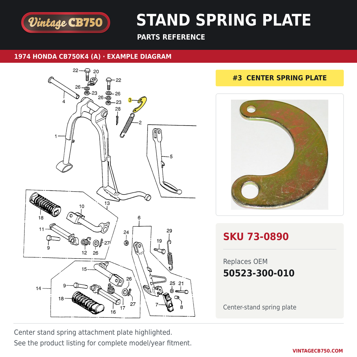 Stand spring plate, SKU 73-0890: product photo and 1974 Honda CB750K4 (A) Stand / Step fiche with the part location highlighted. Example diagram; check listing for fitment.