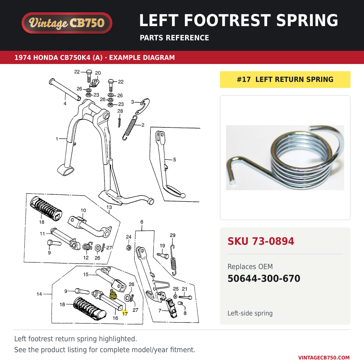 Left footrest spring, SKU 73-0894: product photo and 1974 Honda CB750K4 (A) Stand / Step fiche with the part location highlighted. Example diagram; check listing for fitment.