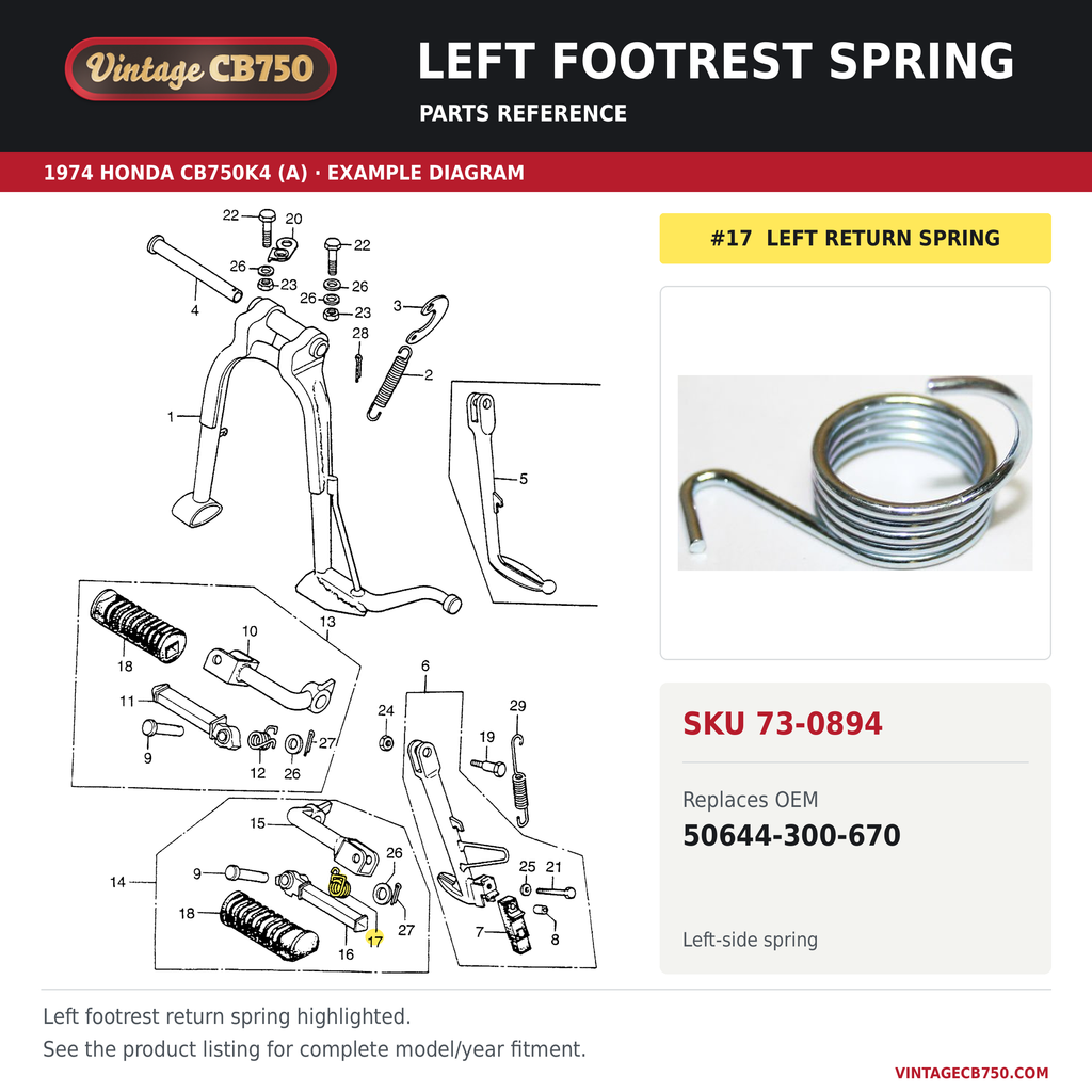 Left footrest spring, SKU 73-0894: product photo and 1974 Honda CB750K4 (A) Stand / Step fiche with the part location highlighted. Example diagram; check listing for fitment.