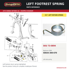 Load image into Gallery viewer, Left footrest spring, SKU 73-0894: product photo and 1974 Honda CB750K4 (A) Stand / Step fiche with the part location highlighted. Example diagram; check listing for fitment.