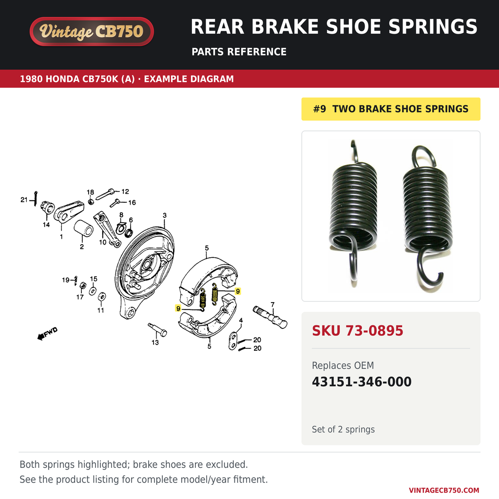 Rear brake shoe springs, SKU 73-0895: product photo and 1980 Honda CB750K (A) Rear Brake Panel fiche with the part location highlighted. Example diagram; check listing for fitment.