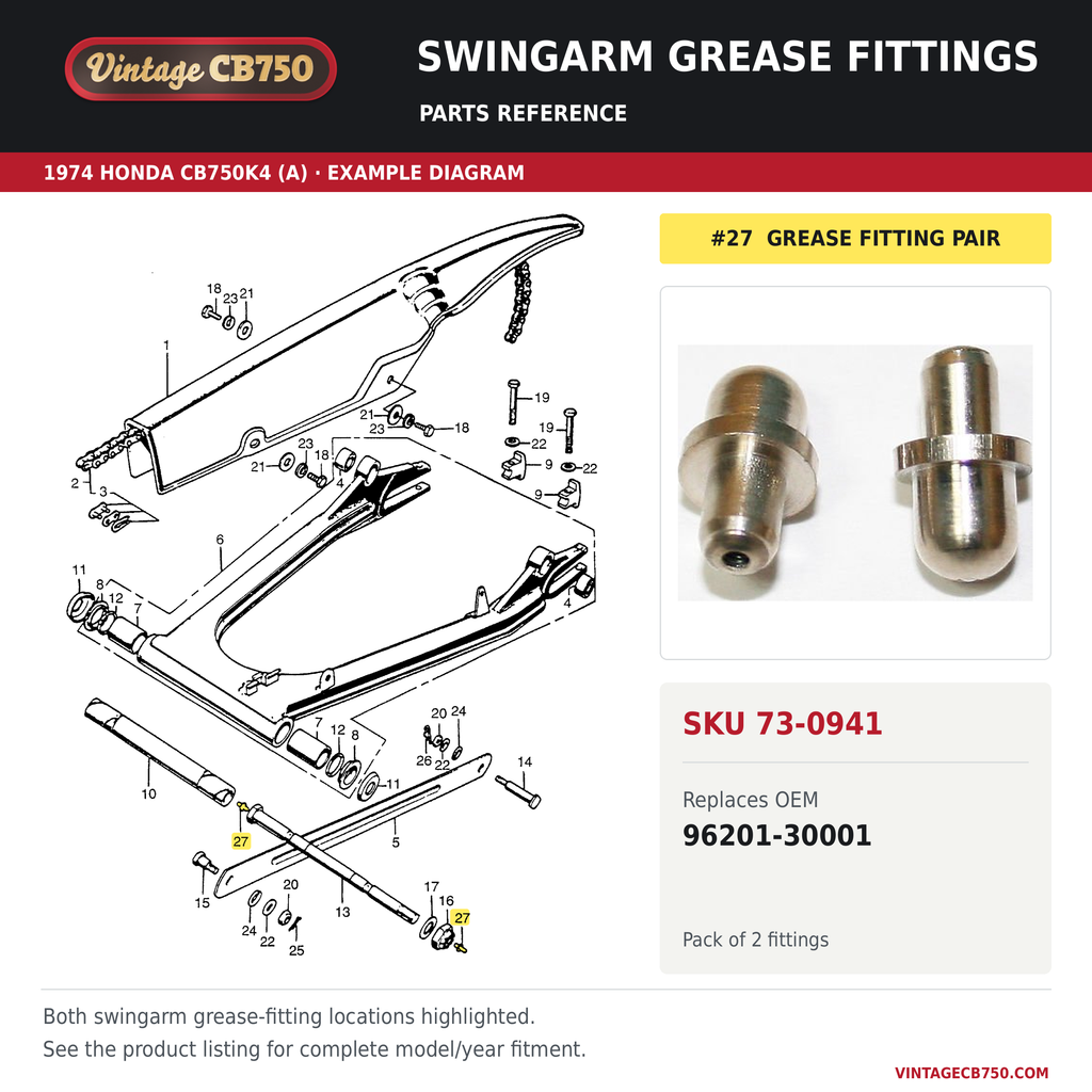 Swingarm grease fittings, SKU 73-0941: product photo and reviewed parts fiche. Example diagram; check listing for fitment.