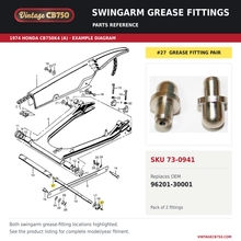 Load image into Gallery viewer, Swingarm grease fittings, SKU 73-0941: product photo and reviewed parts fiche. Example diagram; check listing for fitment.