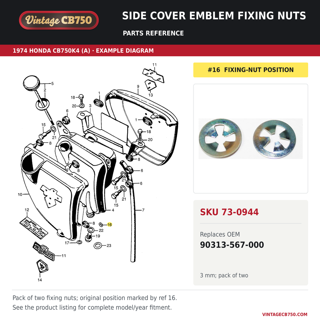 Side cover emblem fixing nuts, SKU 73-0944: product photo and reviewed parts fiche. Example diagram; check listing for fitment.