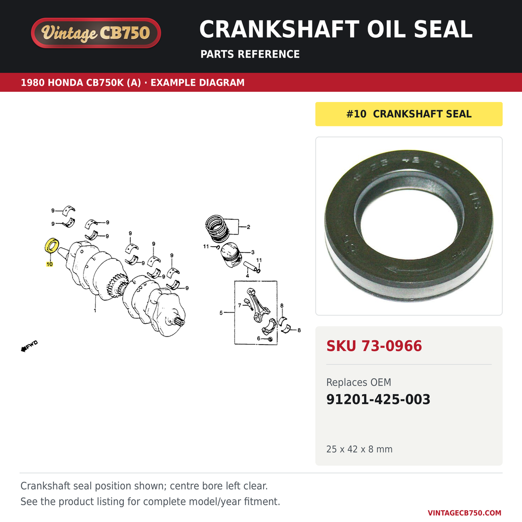 Crankshaft oil seal, SKU 73-0966: product photo and 1980 Honda CB750K (A) Crankshaft / Piston fiche with the part location highlighted. Example diagram; check listing for fitment.