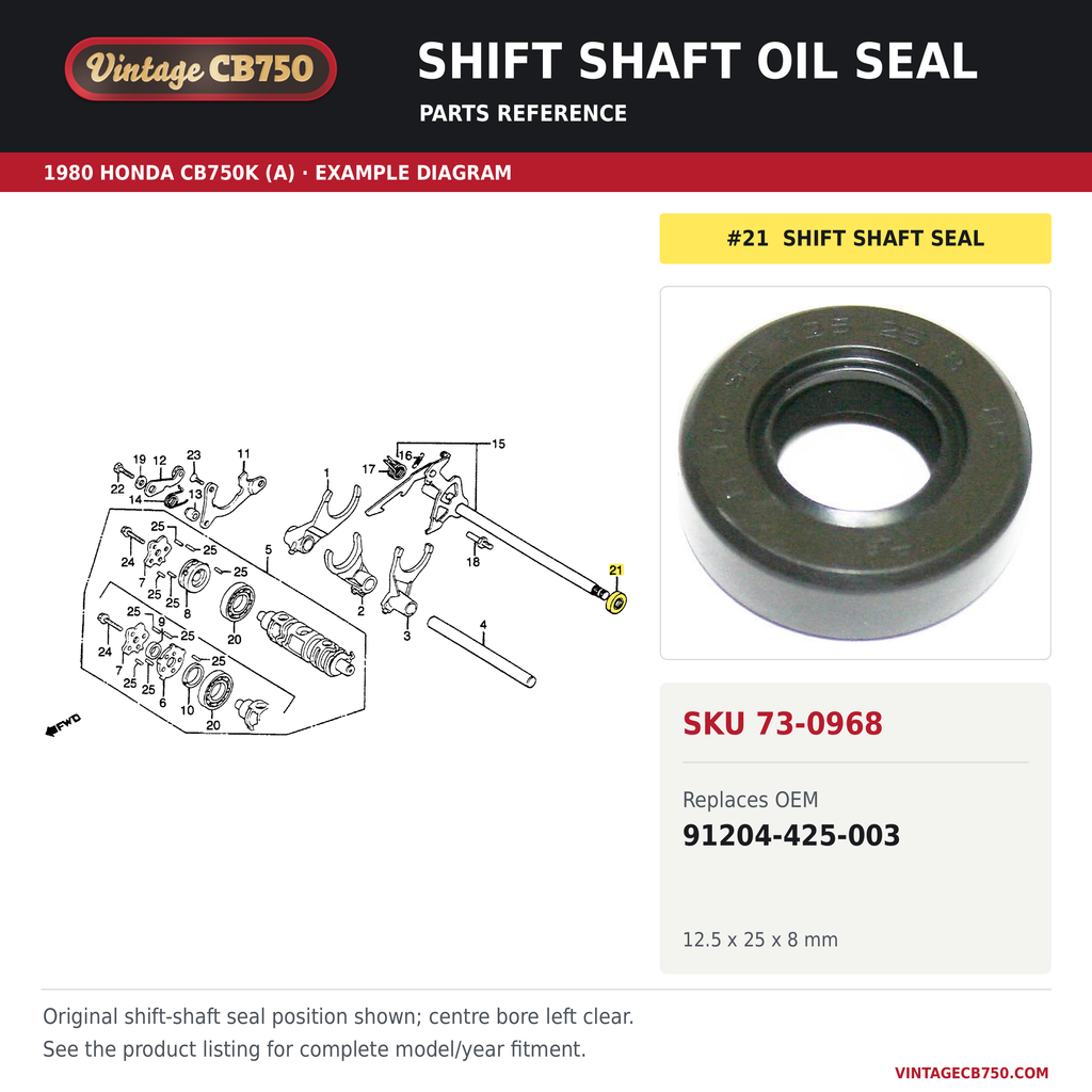 Shift shaft oil seal, SKU 73-0968: product photo and 1980 Honda CB750K (A) Gearshift Drum fiche with the part location highlighted. Example diagram; check listing for fitment.